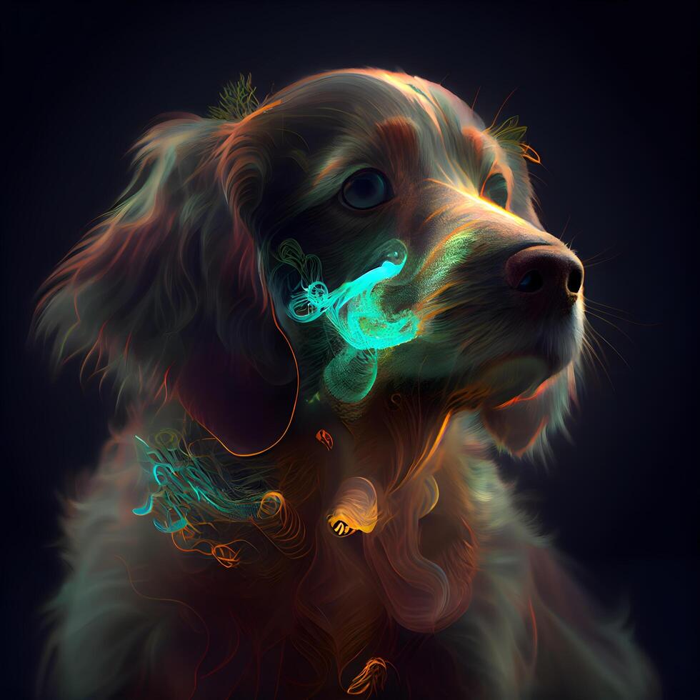 digital ilustração do uma Cocker spaniel cachorro com colorida luz, ai generativo imagem foto