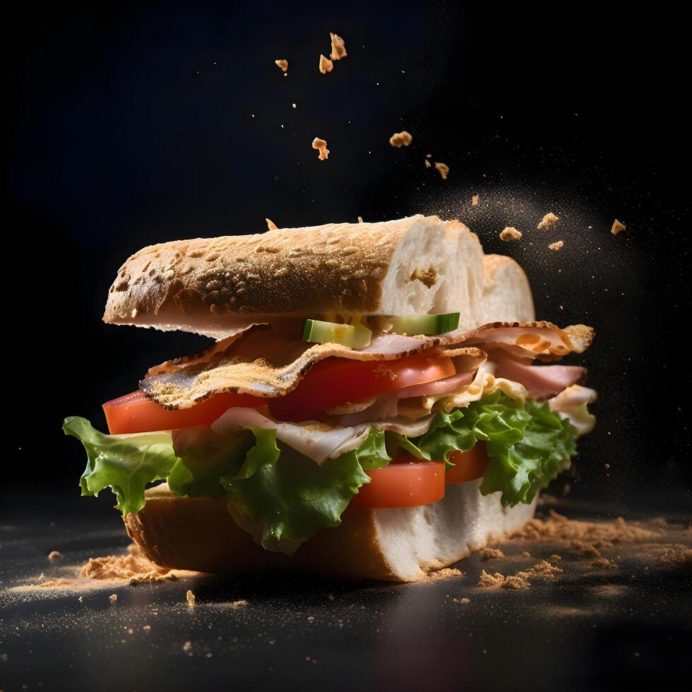 sanduíche com bacon, queijo e legumes em uma Preto fundo., ai generativo imagem foto