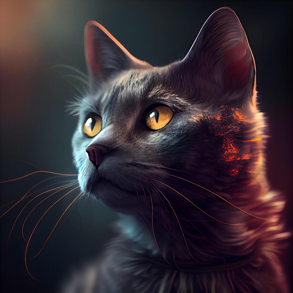 retrato do uma cinzento gato com laranja olhos em uma Sombrio fundo, ai generativo imagem foto
