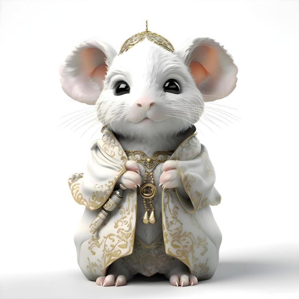 fofa branco rato dentro uma medieval traje em uma branco fundo., ai generativo imagem foto