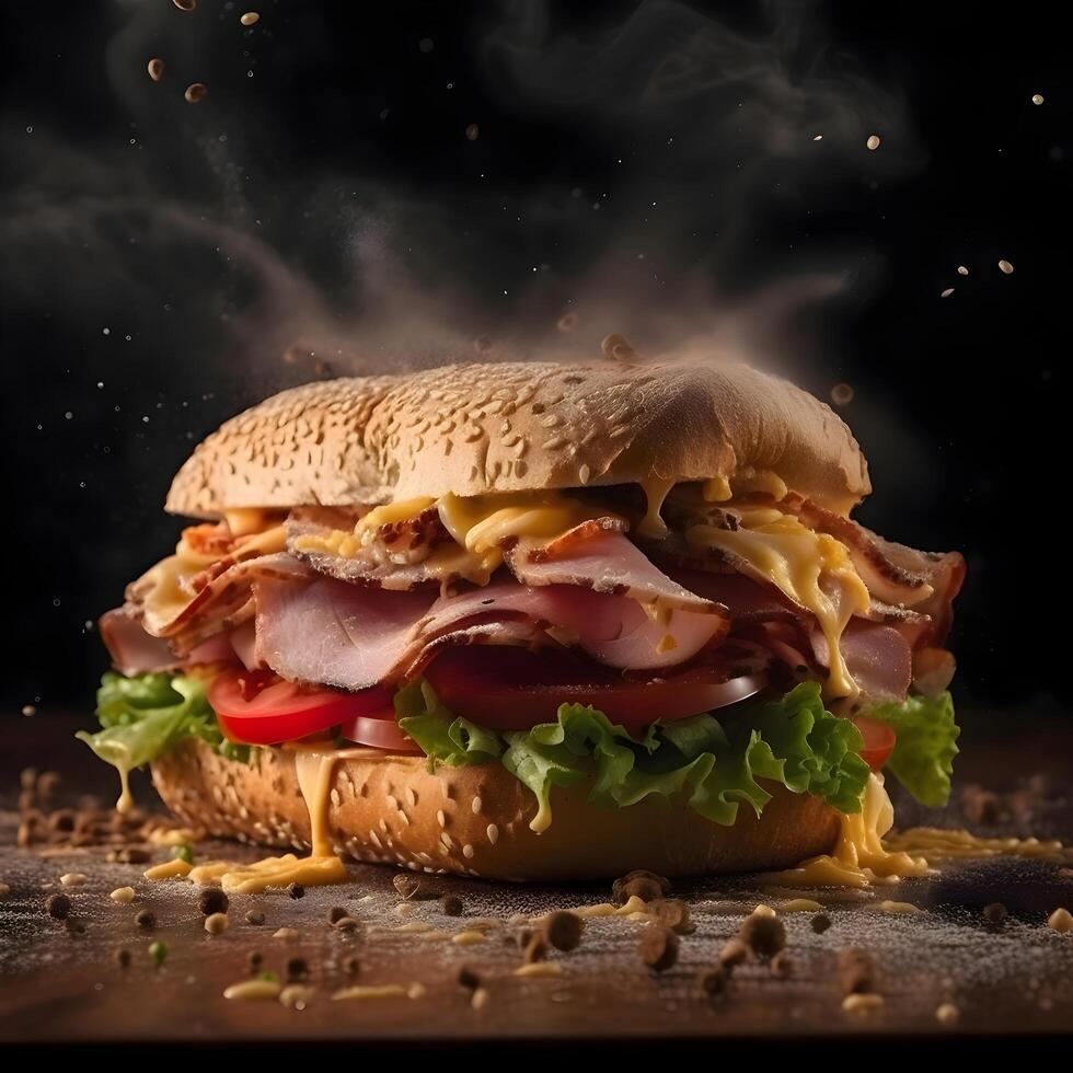 hamburguer com bacon, tomate e alface em uma Preto fundo., ai generativo imagem foto