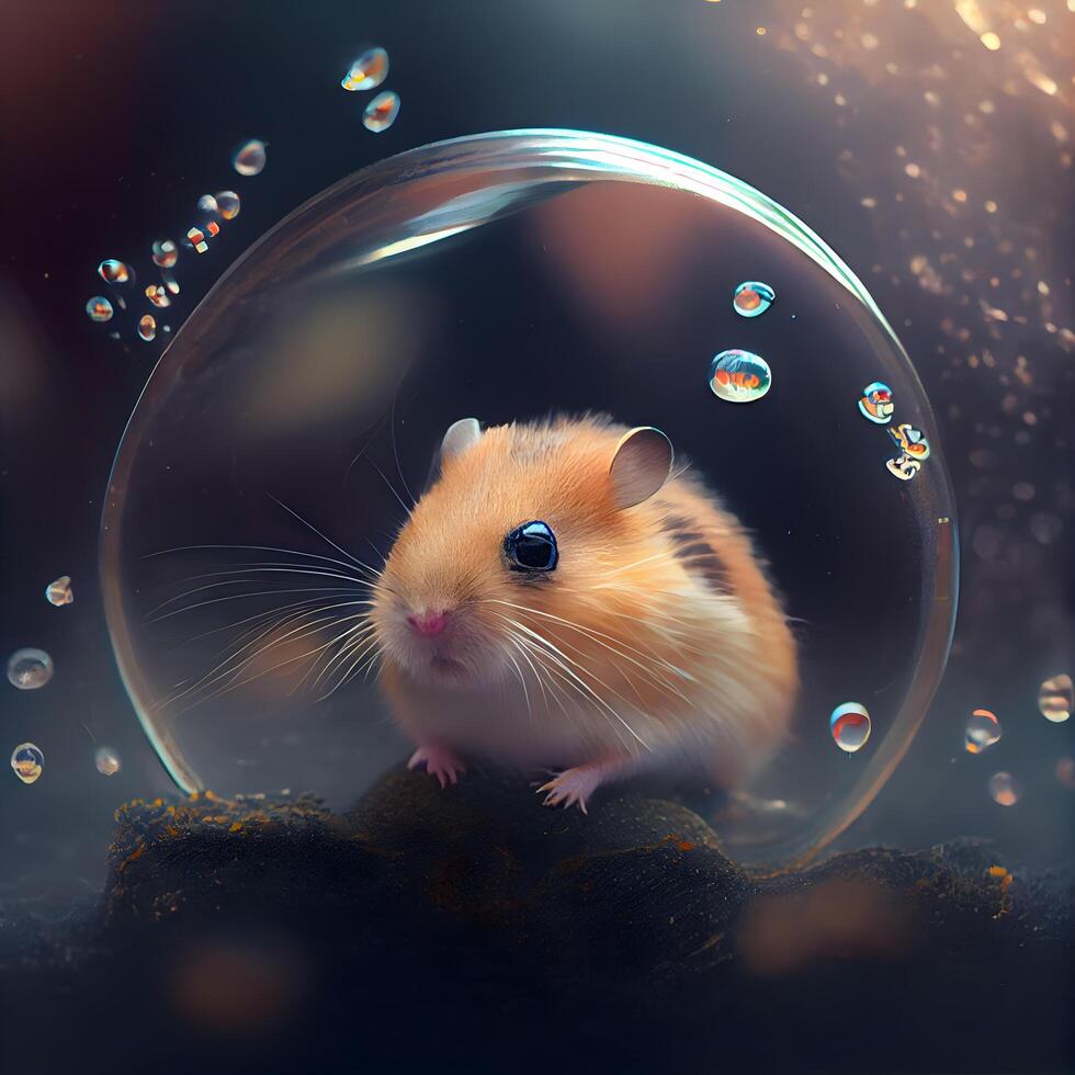 hamster dentro uma vidro tigela com Sabonete bolhas em uma Sombrio fundo, ai generativo imagem foto