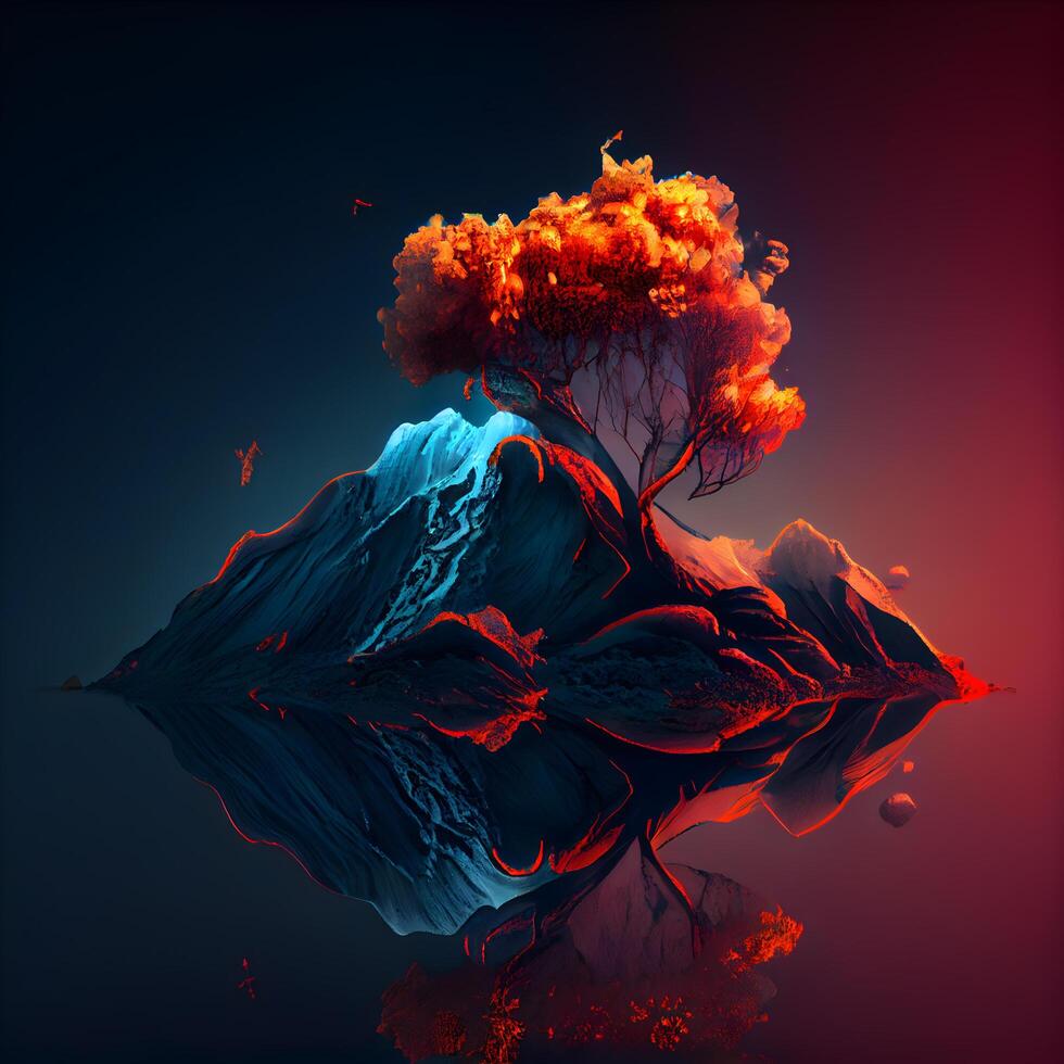 vulcânico panorama com uma solitário árvore. 3d ilustração., ai generativo imagem foto