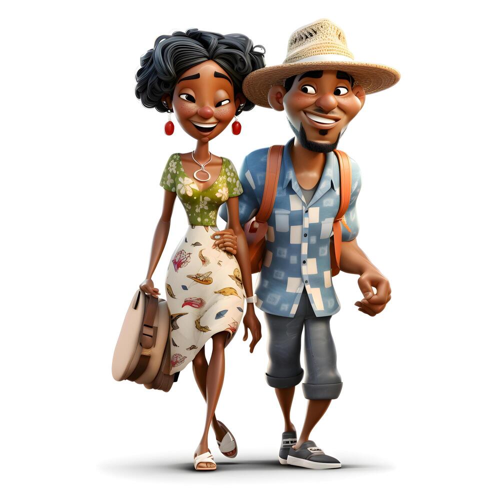 casal do africano americano turistas com uma mala de viagem em uma branco fundo, ai generativo imagem foto