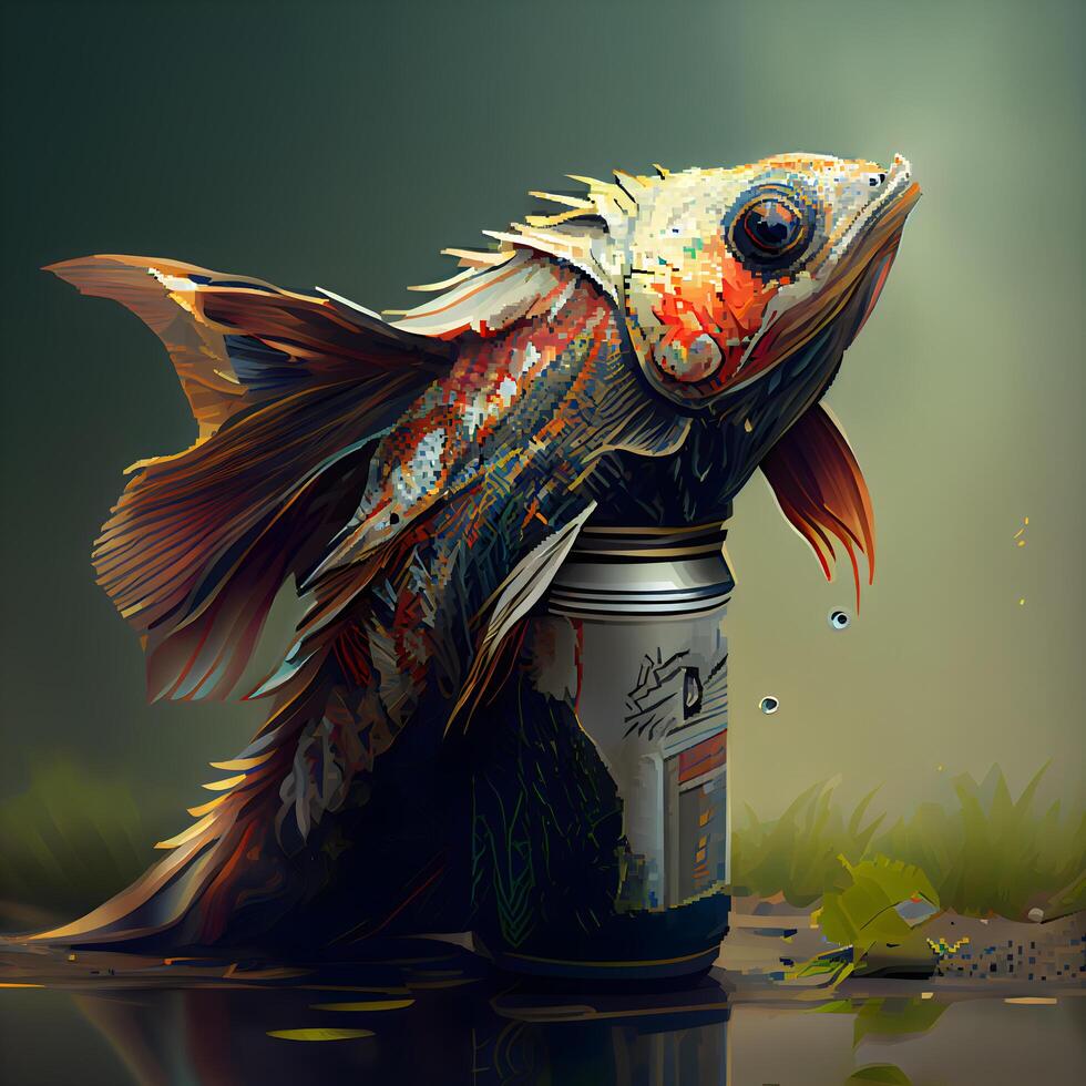 ilustração do uma peixinho dentro uma lata pode em Sombrio fundo, ai generativo imagem foto