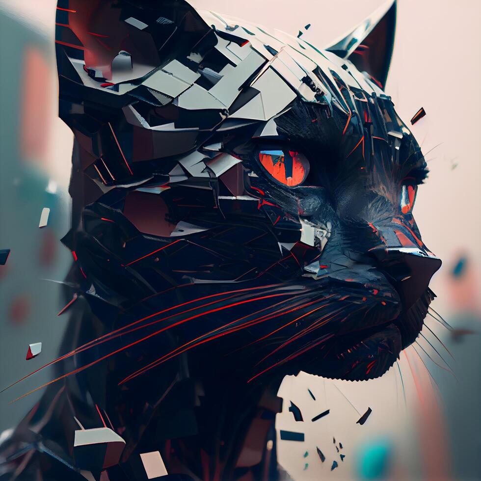 Preto gato com vermelho olhos. futurista estilo. 3d Renderização, ai generativo imagem foto