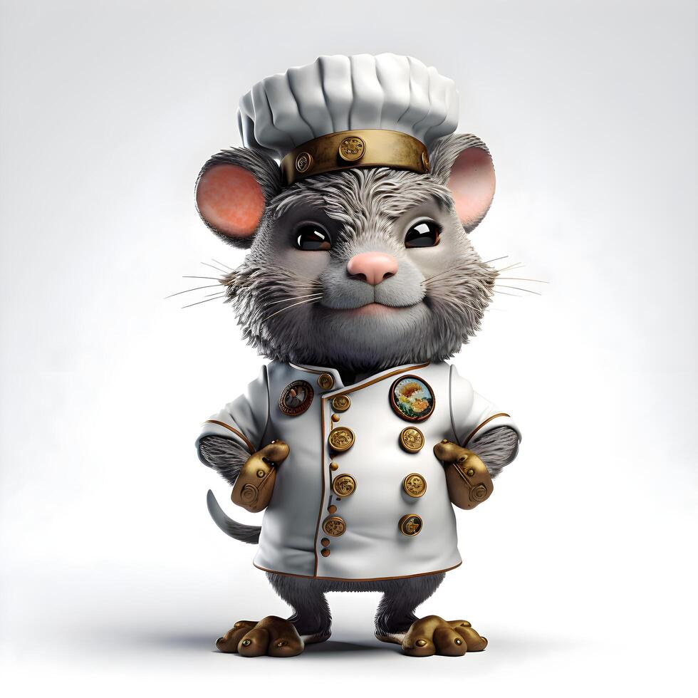 fofa rato chefe de cozinha dentro uniforme e chapéu em uma branco fundo., ai generativo imagem foto