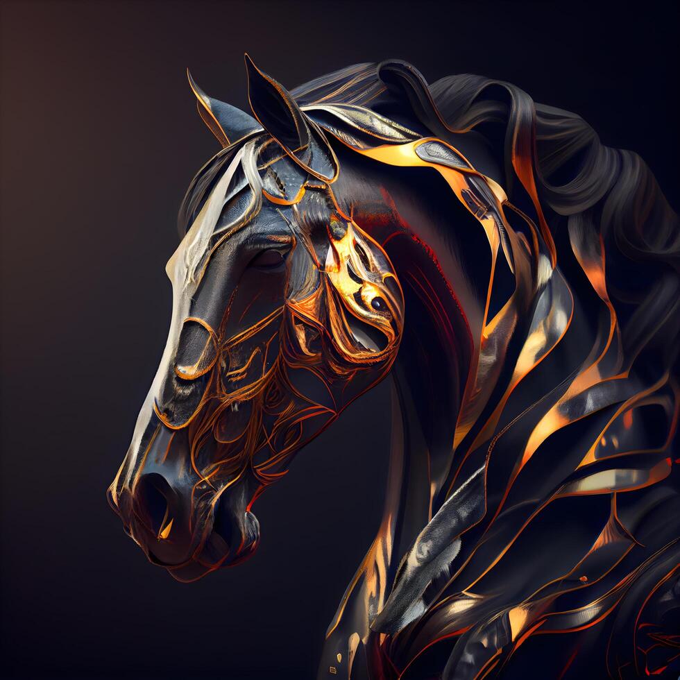 3d Renderização do uma Preto cavalo com uma dourado padronizar em Está cabeça, ai generativo imagem foto