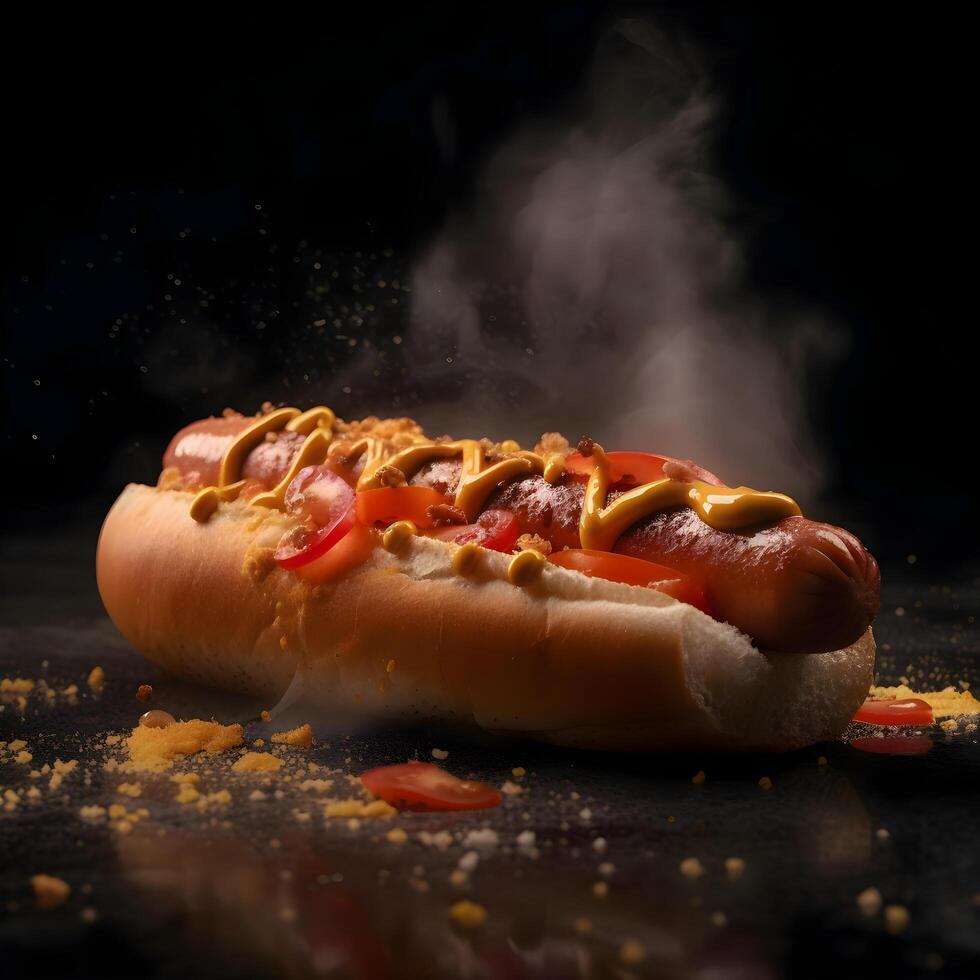quente cachorro com mostarda e ketchup em uma Preto fundo com fumaça, ai generativo imagem foto