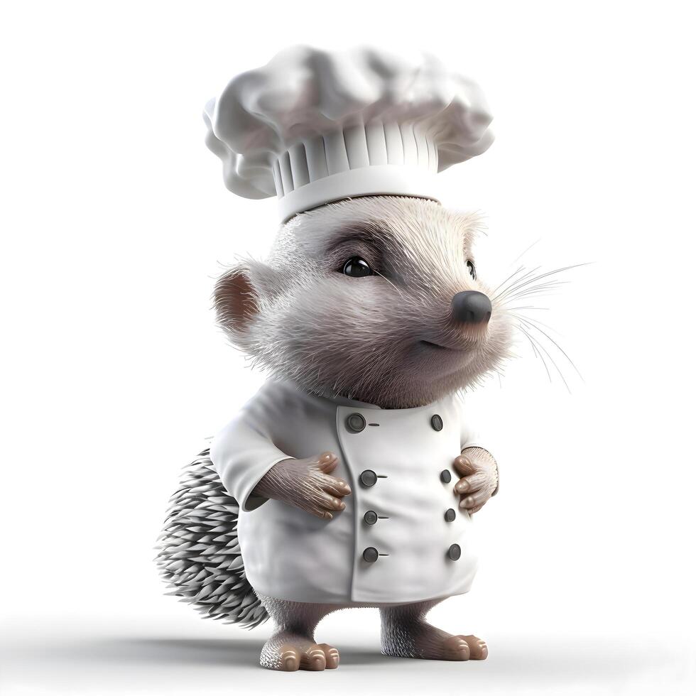 3d Renderização do uma fofa pequeno branco rato Como uma chefe de cozinha ou cozinhar, ai generativo imagem foto