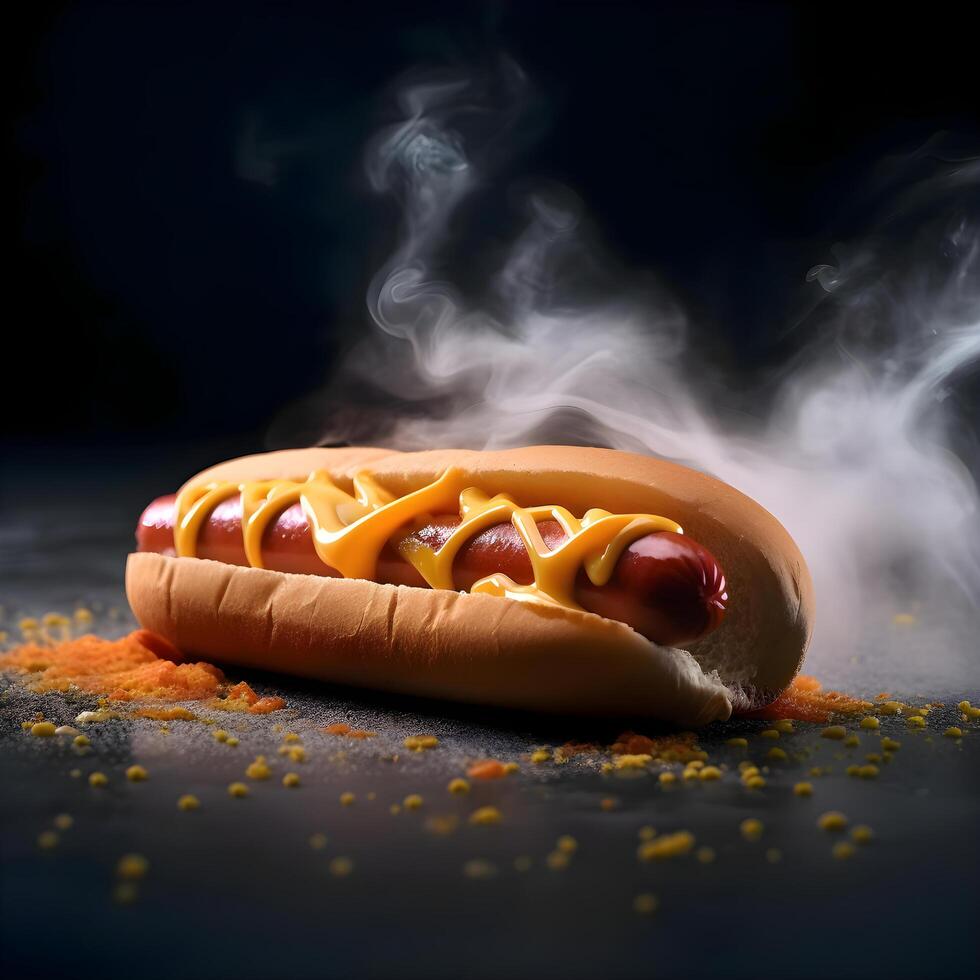 quente cachorro com mostarda e ketchup em uma Preto fundo. velozes comida., ai generativo imagem foto
