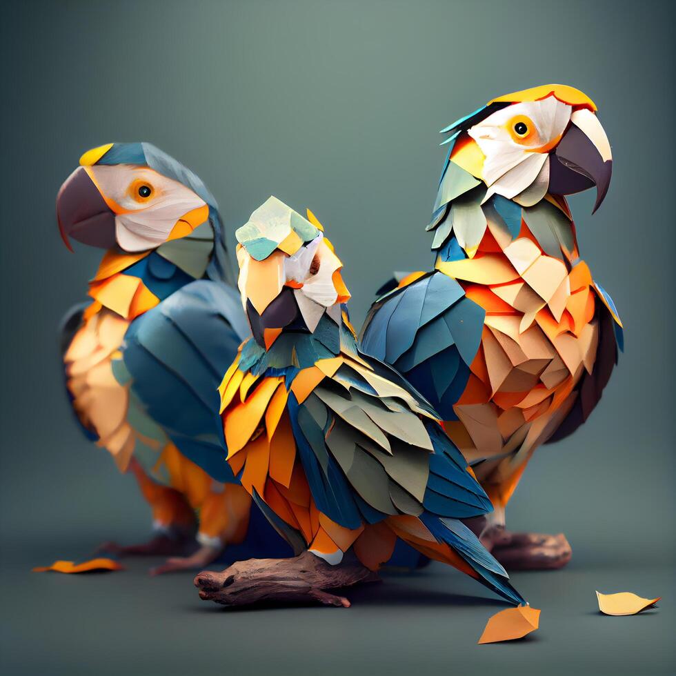 colorida arara papagaios fez do papel em uma cinzento fundo, ai generativo imagem foto