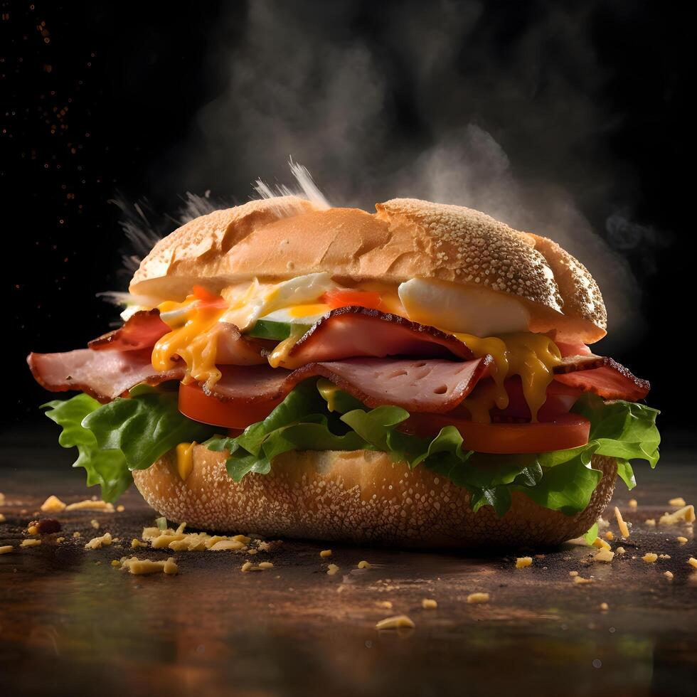 grande saboroso Hamburger com bacon, queijo e legumes em Sombrio fundo, ai generativo imagem foto