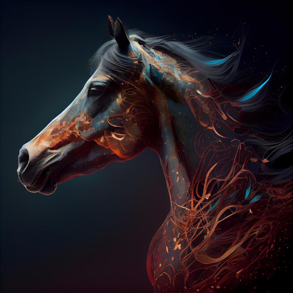 cavalo cabeça com abstrato fogo efeito em Preto fundo. digital pintura., ai generativo imagem foto