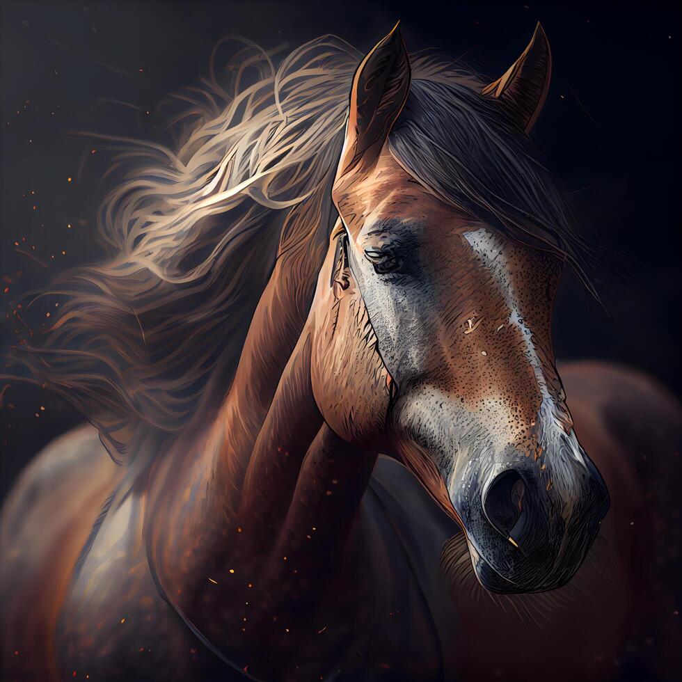 fantasia retrato do uma baía cavalo com grandes juba. digital pintura., ai generativo imagem foto