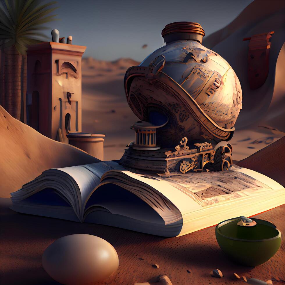 árabe cultura. aberto livro dentro a deserto. 3d Renderização, ai generativo imagem foto