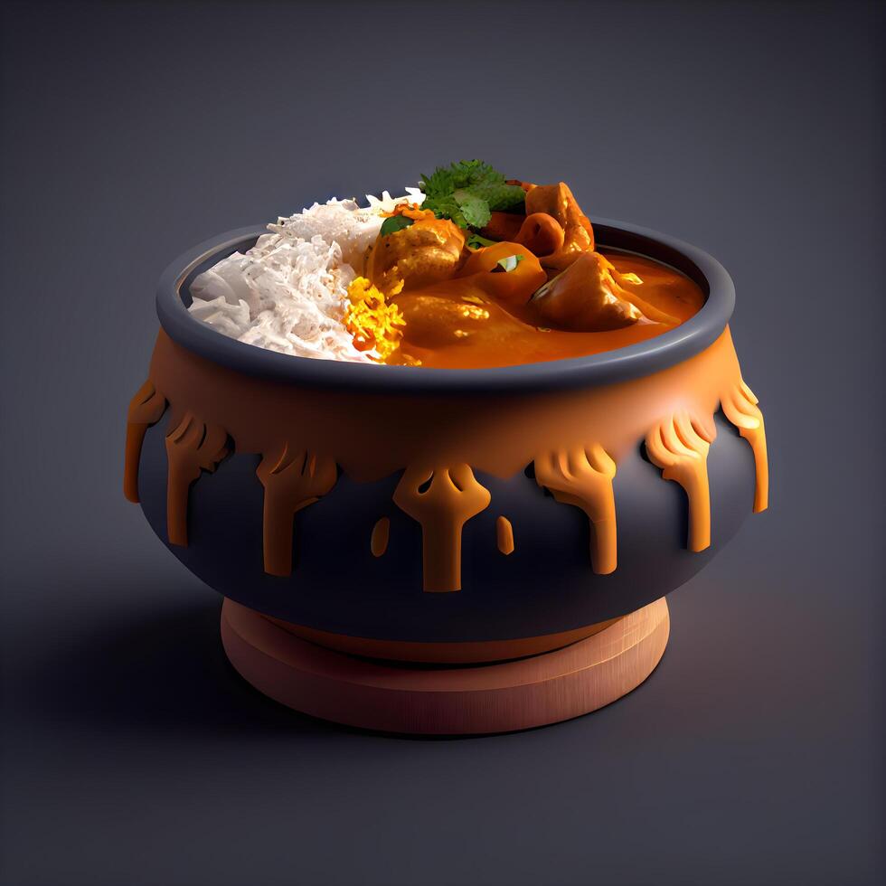 indiano frango Curry com arroz dentro uma argila Panela em uma Sombrio fundo, ai generativo imagem foto