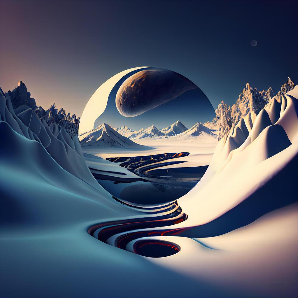 fantasia panorama com montanhas e uma planeta. 3d ilustração., ai generativo imagem foto