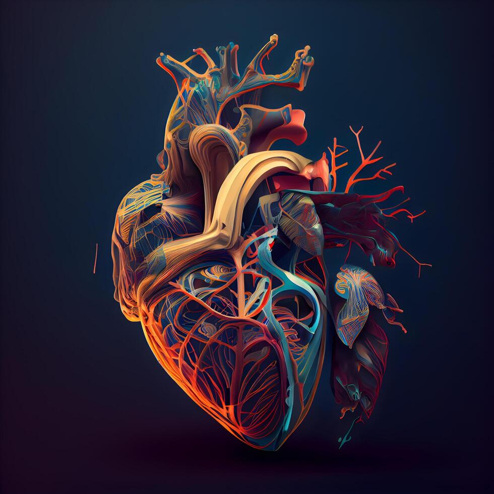 humano coração com veias e artérias em uma Sombrio fundo. ilustração., ai generativo imagem foto