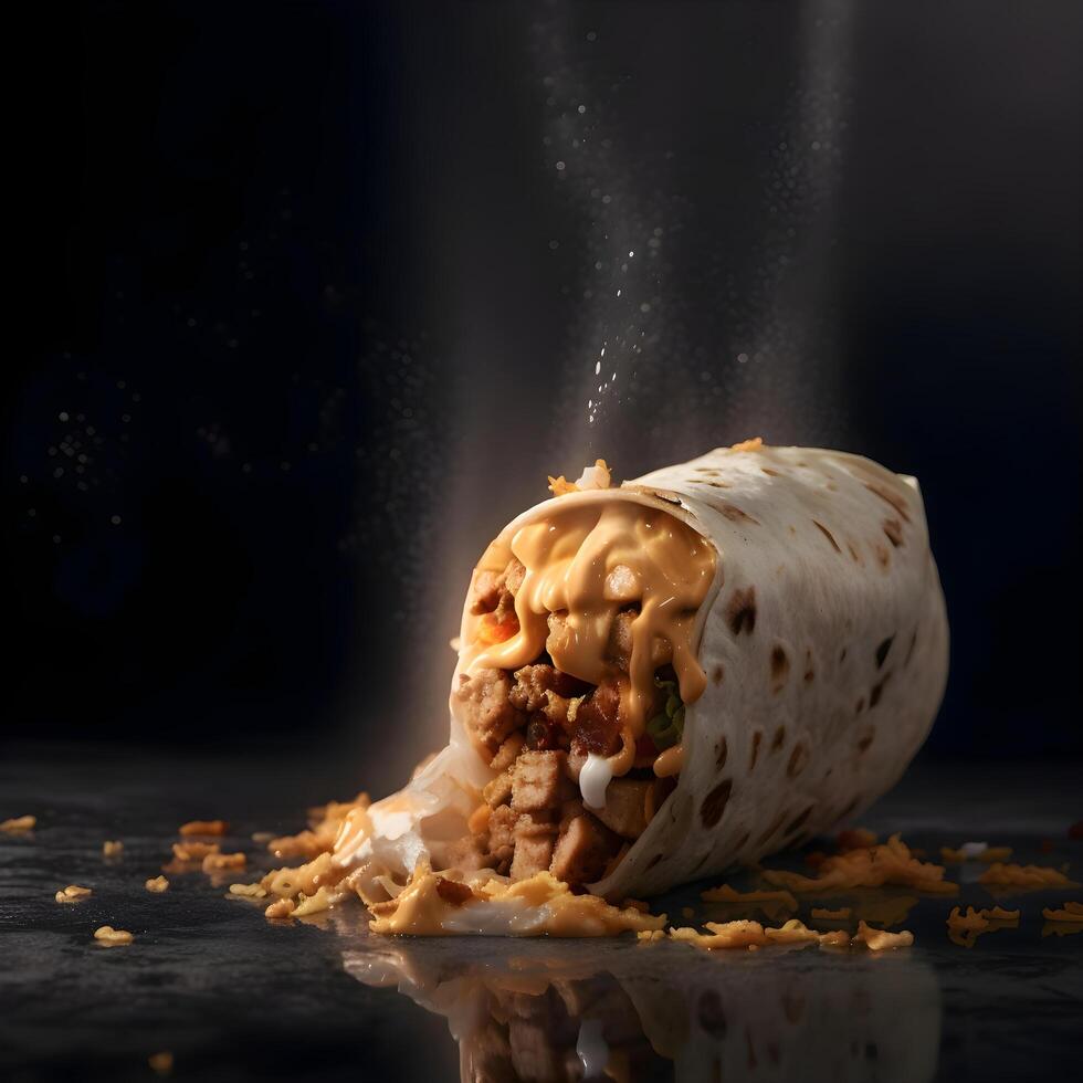 burrito com carne e queijo em uma Preto fundo. cópia de espaço., ai generativo imagem foto
