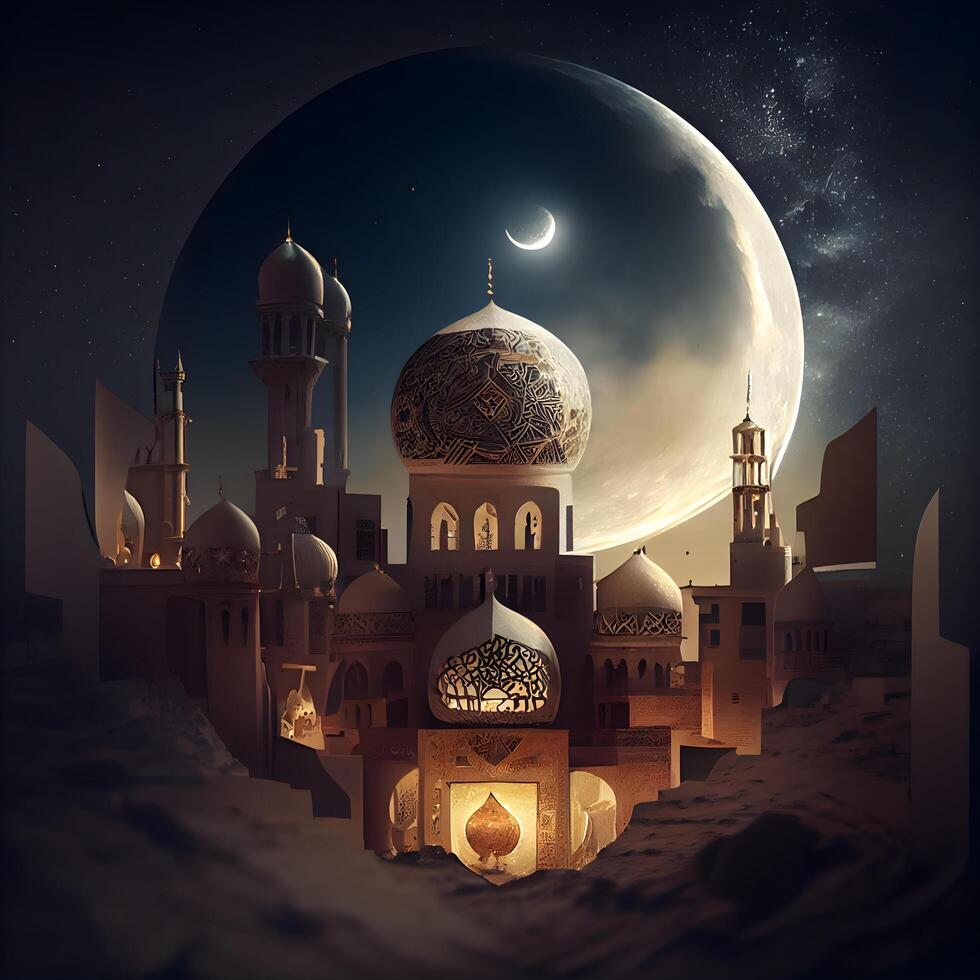 Ramadã kareem fundo com mesquita e lua. 3d Renderização, ai generativo imagem foto