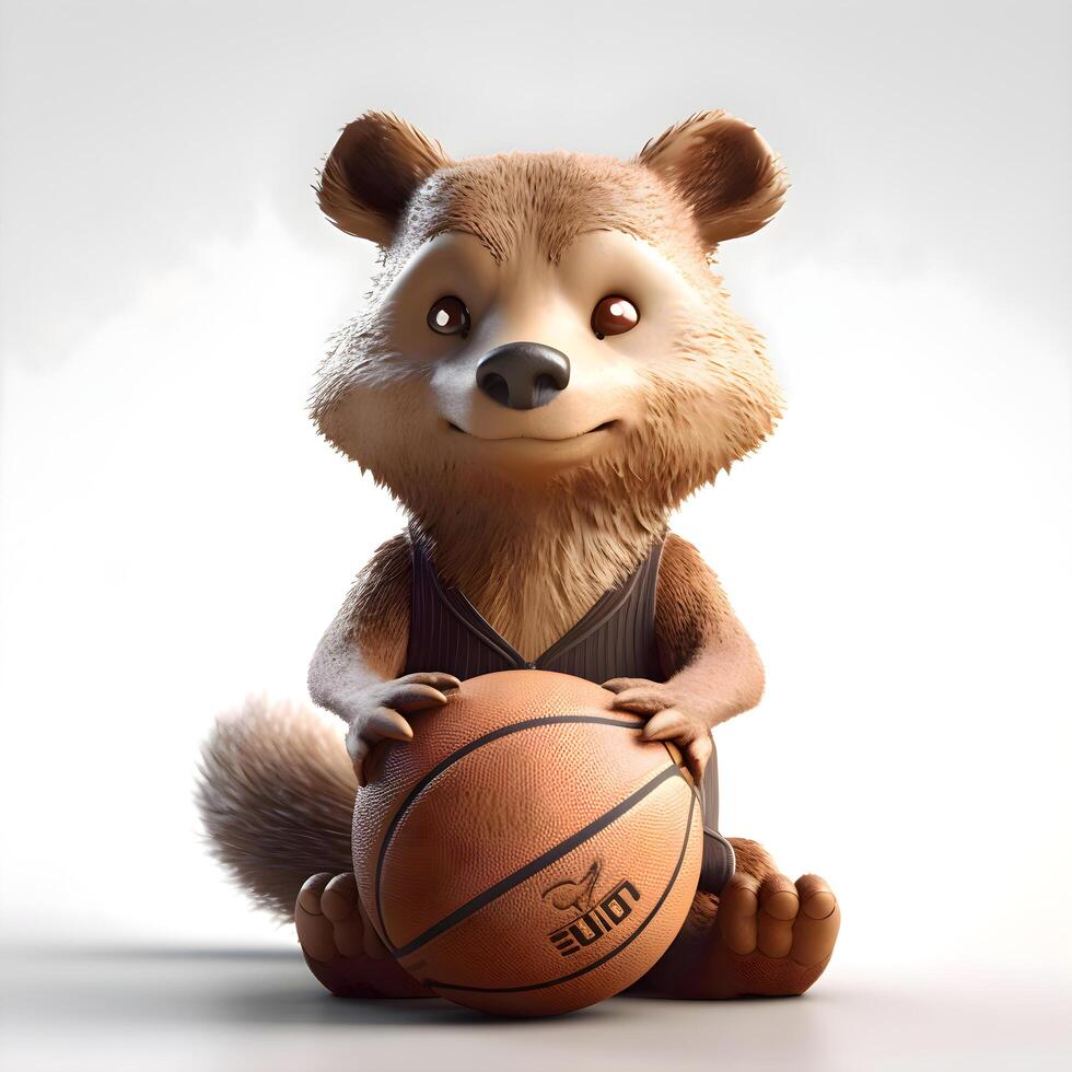 3d Renderização do uma fofa desenho animado Urso com uma basquetebol isolado em branco fundo, ai generativo imagem foto