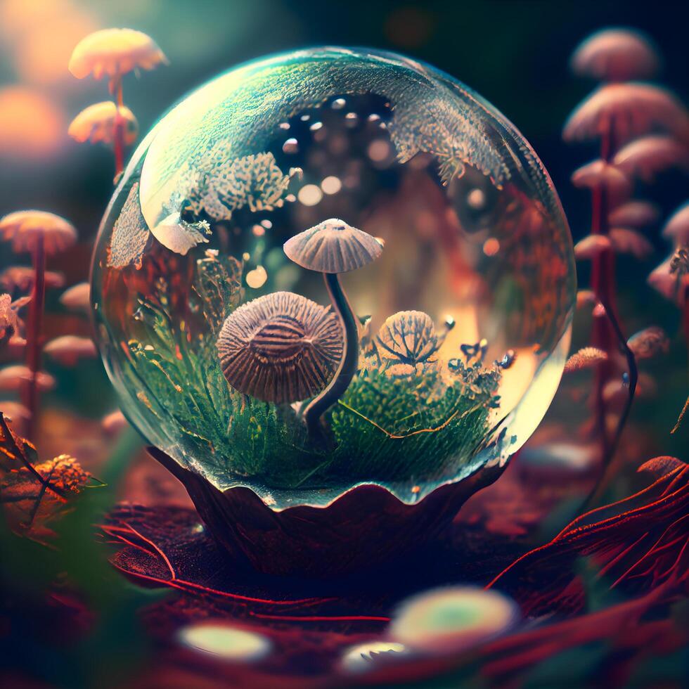 Magia cristal bola com cogumelos dentro a floresta. 3d ilustração., ai generativo imagem foto