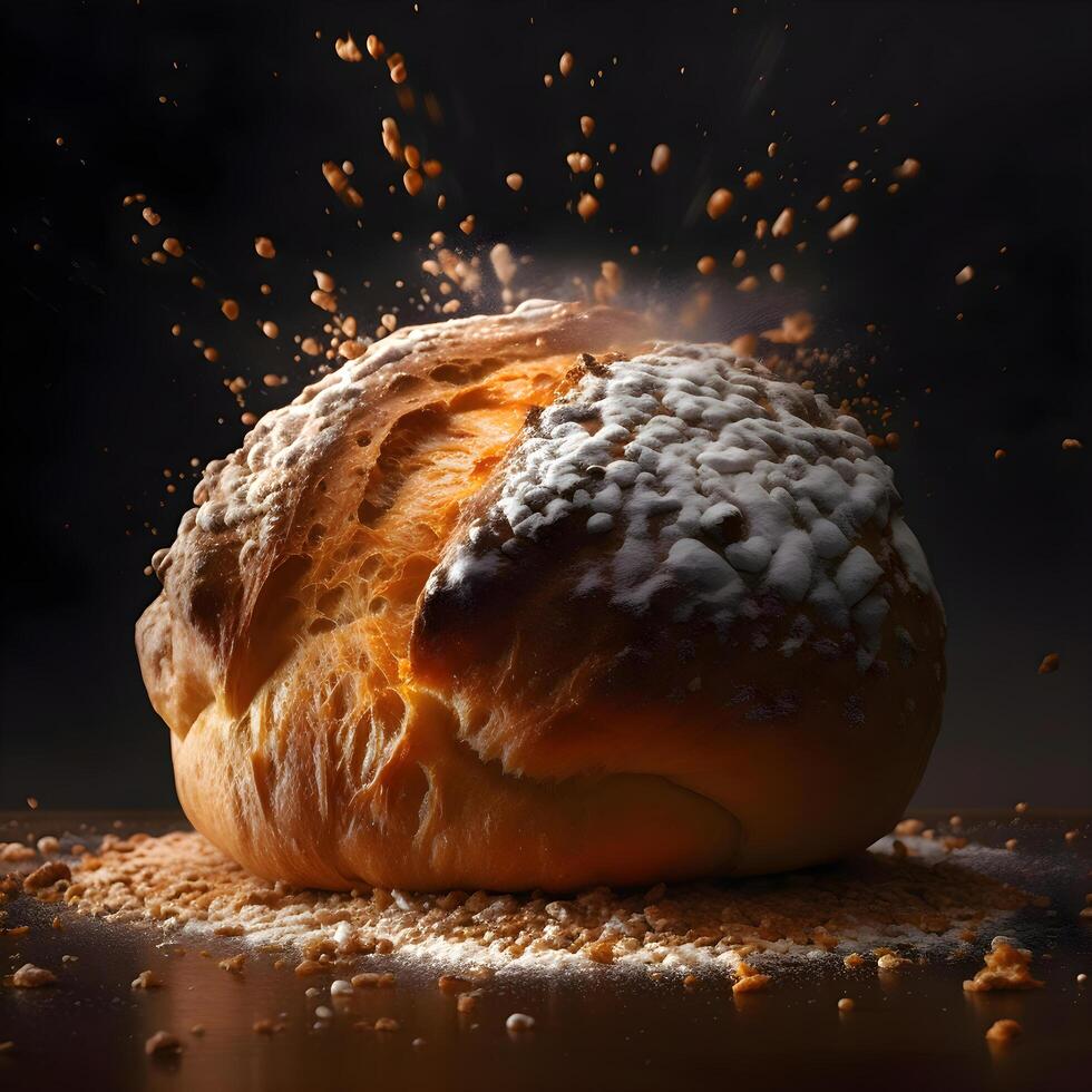 recentemente cozido pão em uma Preto fundo com salpicos do farinha, ai generativo imagem foto