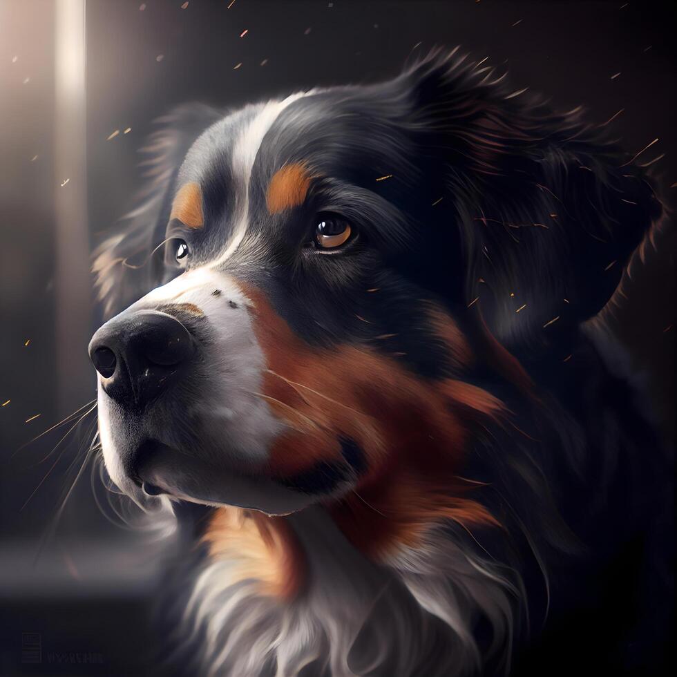 retrato do uma Bernese montanha cachorro em uma Sombrio fundo., ai generativo imagem foto