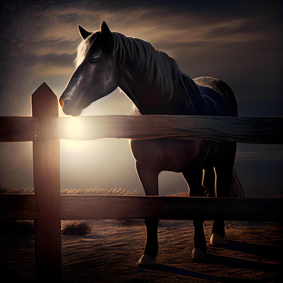 silhueta do uma cavalo em pé em uma de madeira cerca às pôr do sol, ai generativo imagem foto