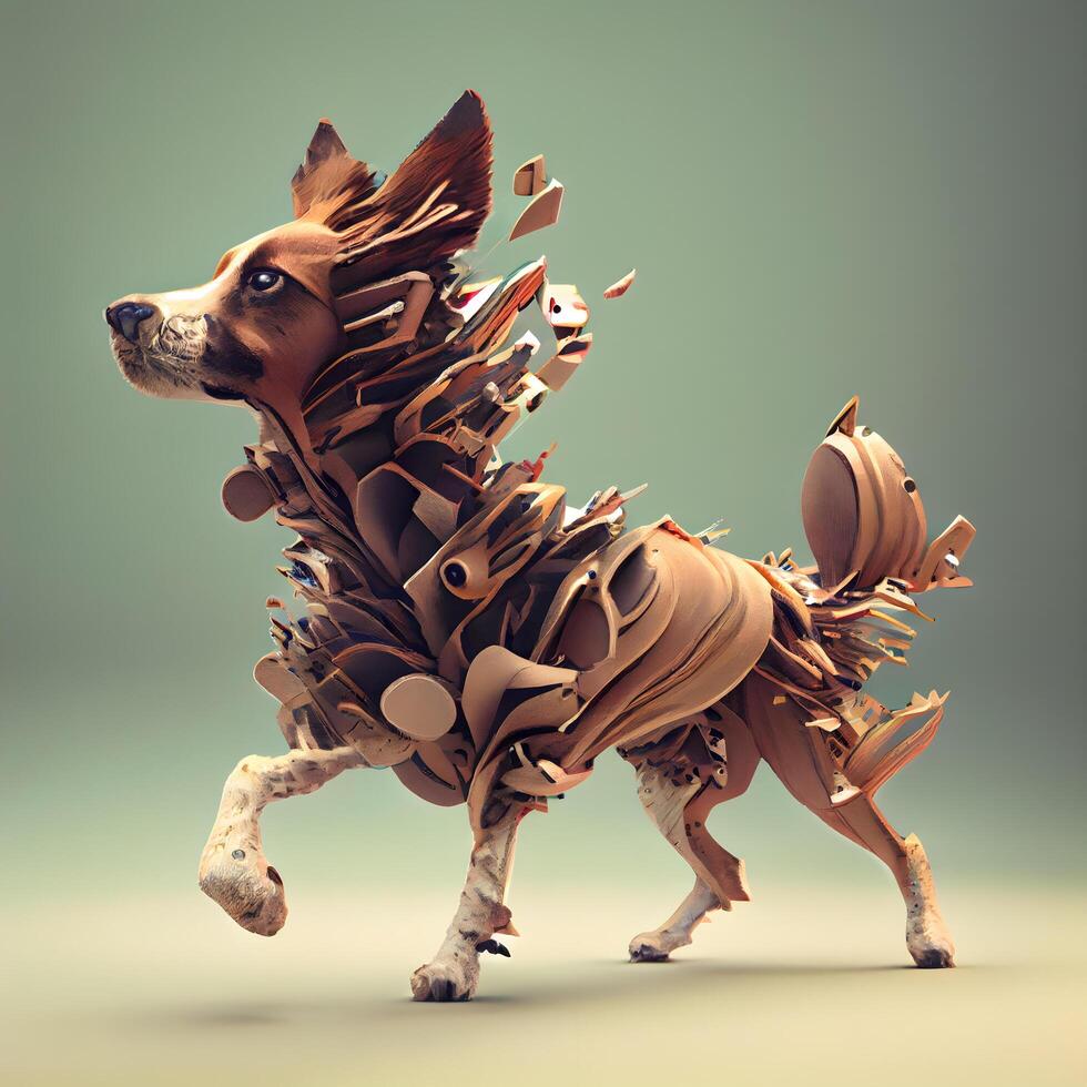 3d ilustração do uma cachorro fez do madeira e papel peças. foto