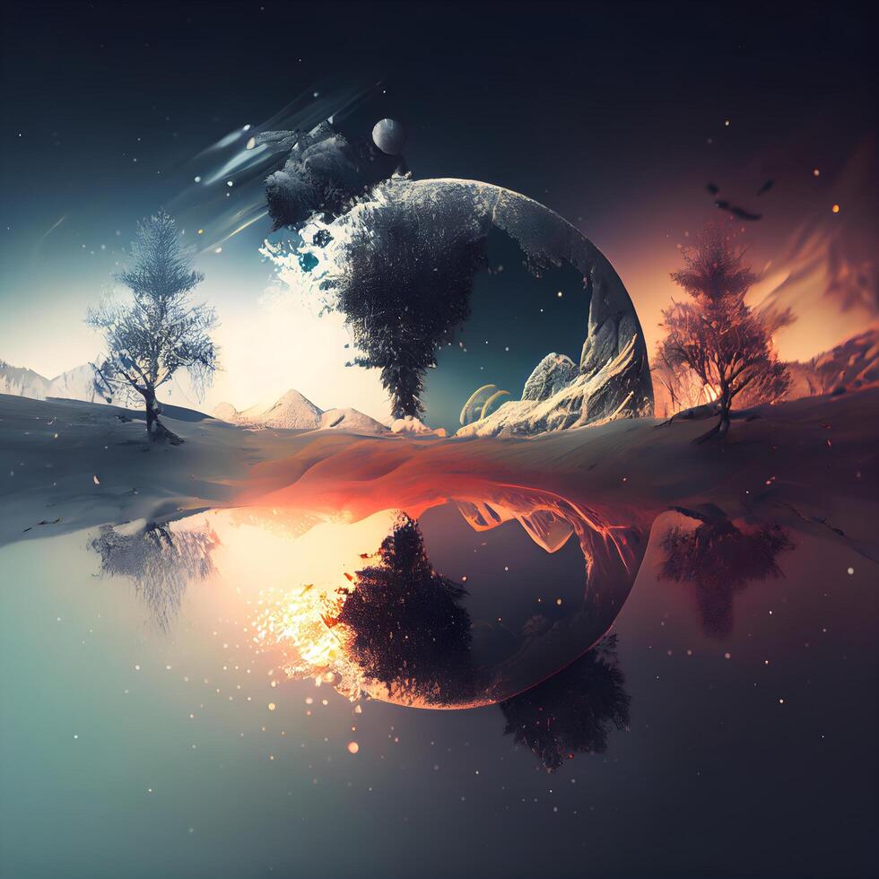 fantasia panorama com uma planeta e árvores 3d ilustração. foto