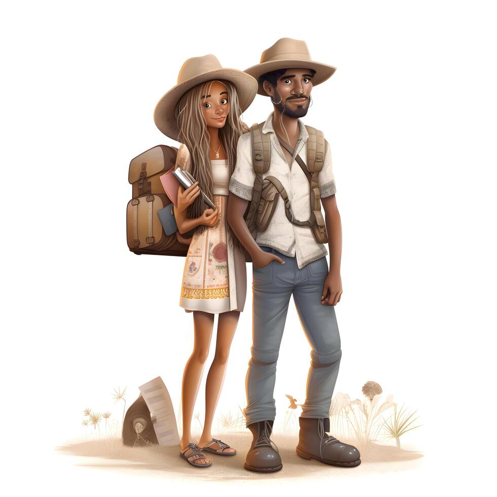 ilustração do uma turista casal com mochilas em uma branco fundo foto