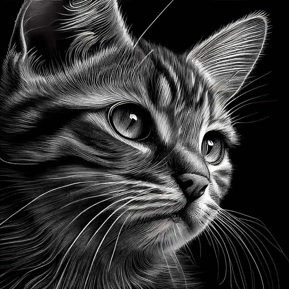 retrato do uma gato em uma Preto fundo. desenhado à mão ilustração. foto