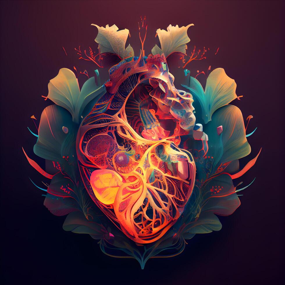 humano coração com floral enfeite em Sombrio fundo. ilustração para médico Projeto. foto