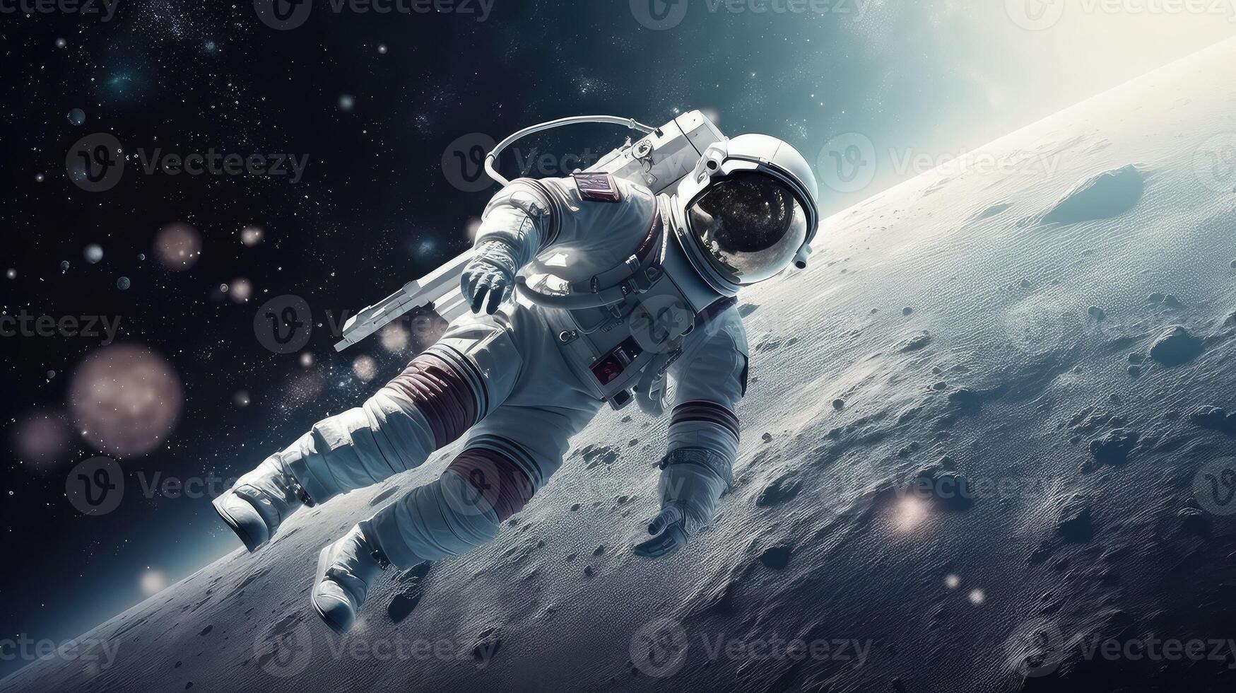 3d realista, a astronauta dentro uma traje espacial moscas dentro espaço contra a fundo do a planeta.. criada com generativo ai foto