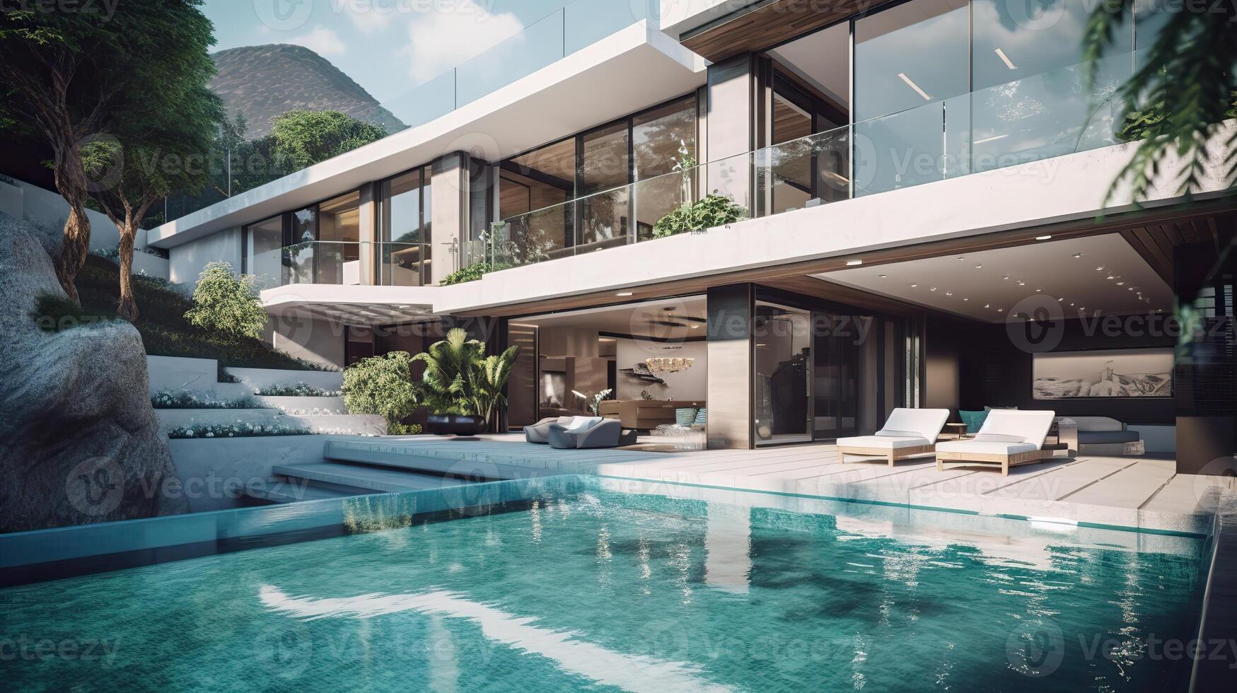 ai gerado. ai generativo. foto render do luxo villa com piscina. milionários vida período de férias vibração gráfico arte