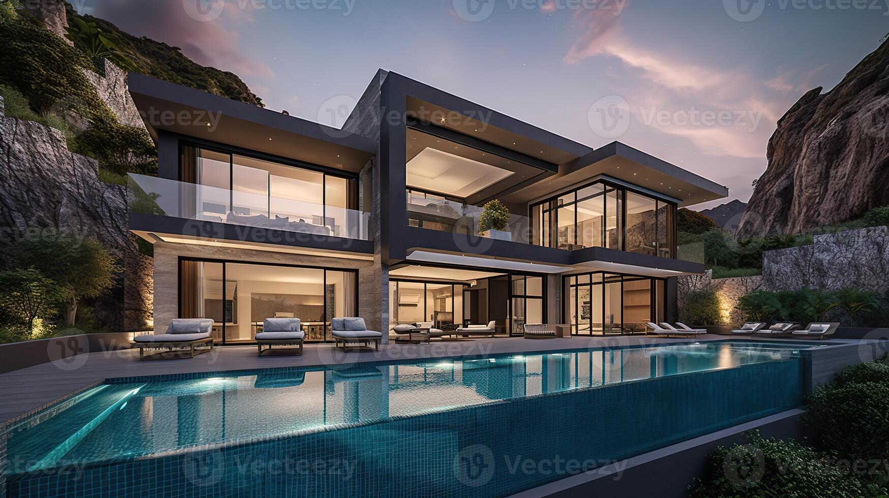 ai gerado. ai generativo. foto render do luxo villa com piscina. milionários vida período de férias vibração gráfico arte