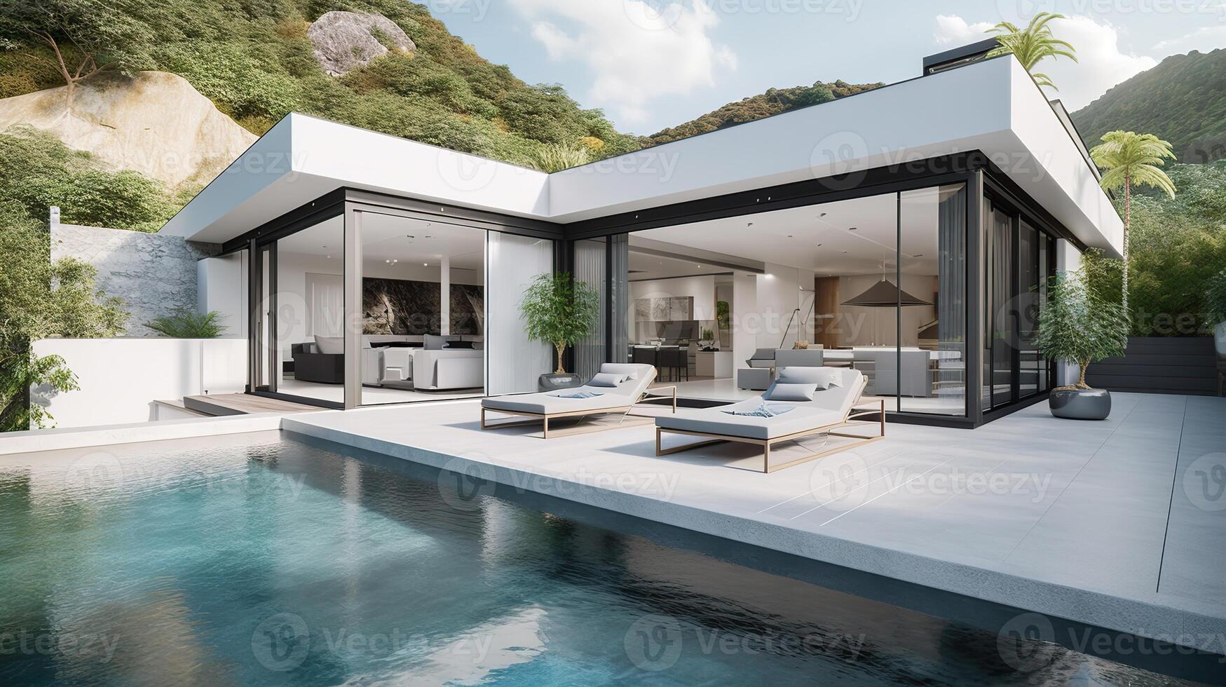 ai gerado. ai generativo. foto render do luxo villa com piscina. milionários vida período de férias vibração gráfico arte