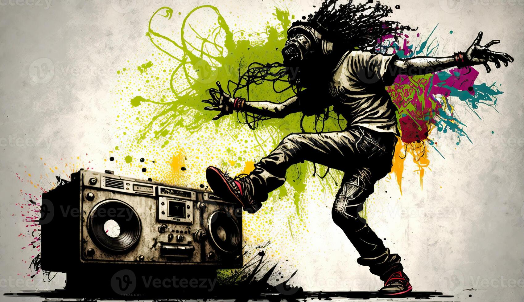 ai gerado. ai generativo. rua arte grafite do dançando pessoa música ritmo. inspirado de bancário subterrâneo cultura. gráfico arte foto