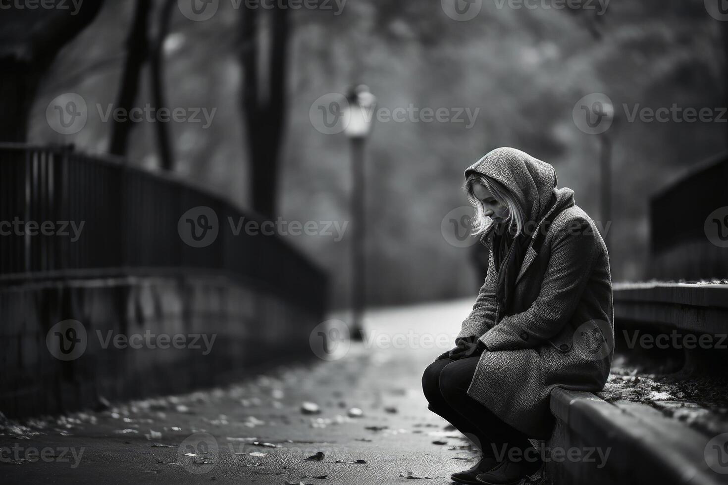 uma solitário e triste pessoa sentado em uma Banco criada com generativo ai tecnologia. foto
