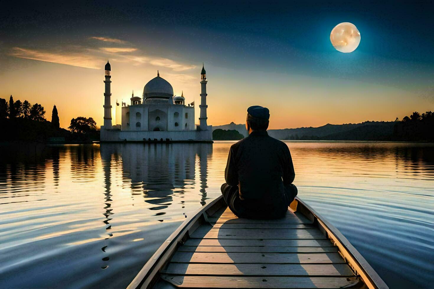 homem sentado em remo barco e assistindo a pôr do sol sobre a taj mahal ai gerar foto