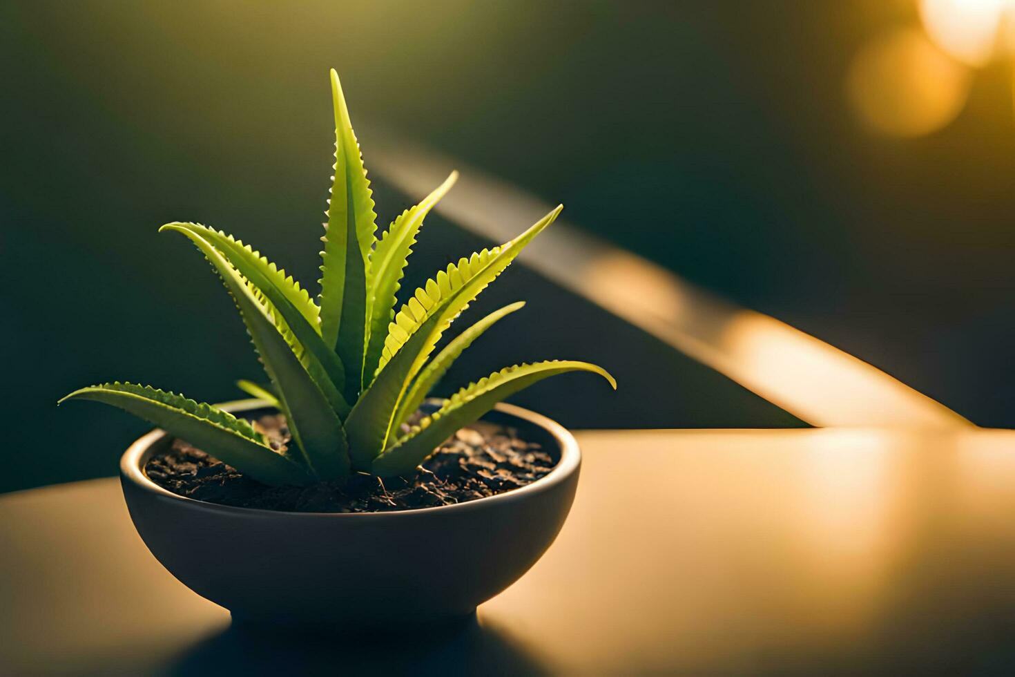 aloés vera plantar dentro uma Panela em a mesa com luz solar ai gerar foto