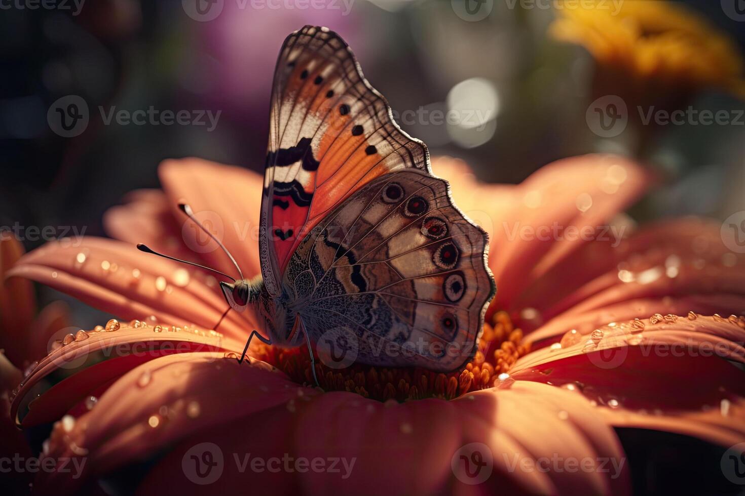 colorida borboleta é sentado em uma flor, fechar acima. borboleta dentro a manhã natureza. generativo ai foto