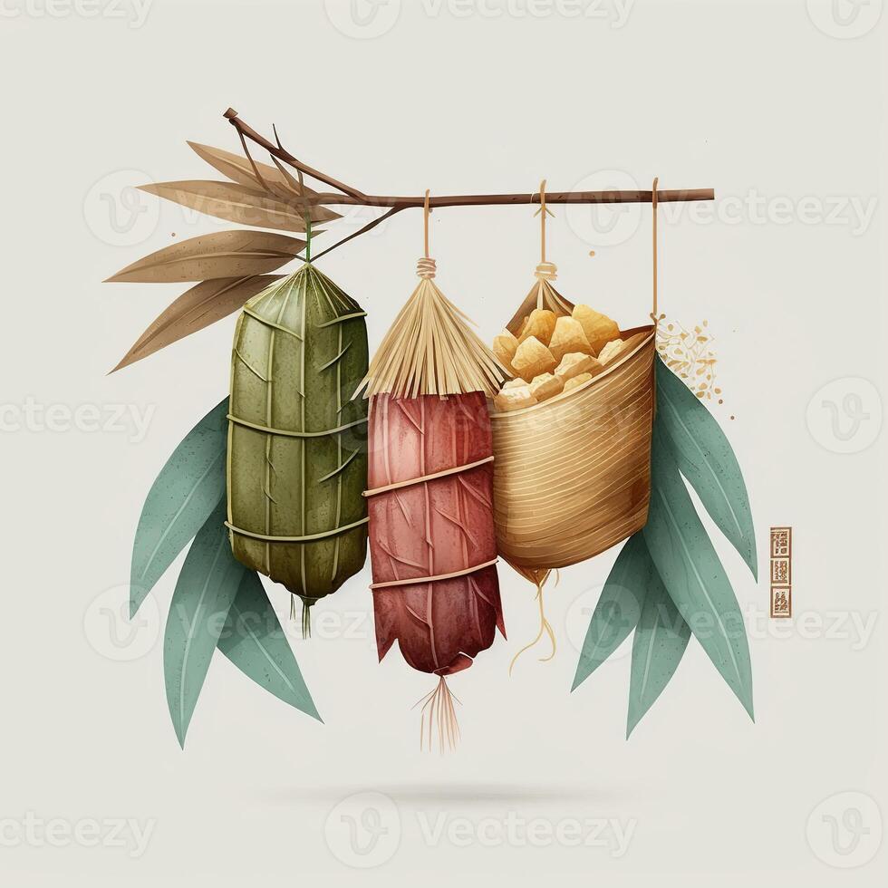 zongzi arroz bolinho de massa para chinês tradicional Dragão barco festival duanwu festival. ai gerado. foto