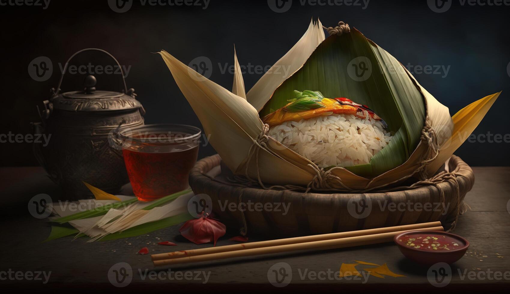 zongzi. arroz bolinho de massa para chinês tradicional Dragão barco festival duanwu festival. ai gerado. foto