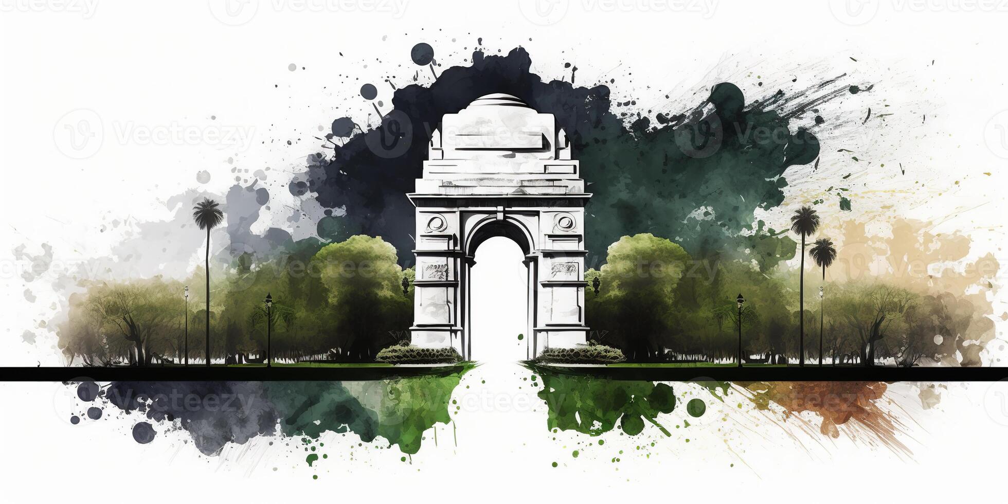 ilustração do Índia portão dentro Novo Délhi em abstrato bandeira tricolor fundo. ai gerado. foto
