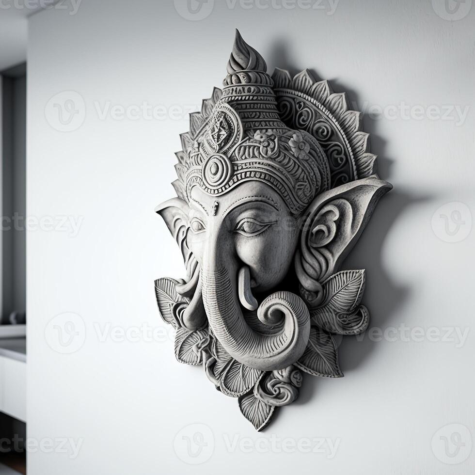 uma branco murado quarto com uma estátua do a indiano mitológico Deus senhor ganesha Como mural. ai gerado. foto