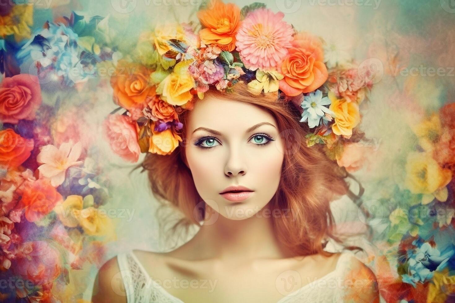 lindo mulher com Primavera flores, criada com generativo ai foto