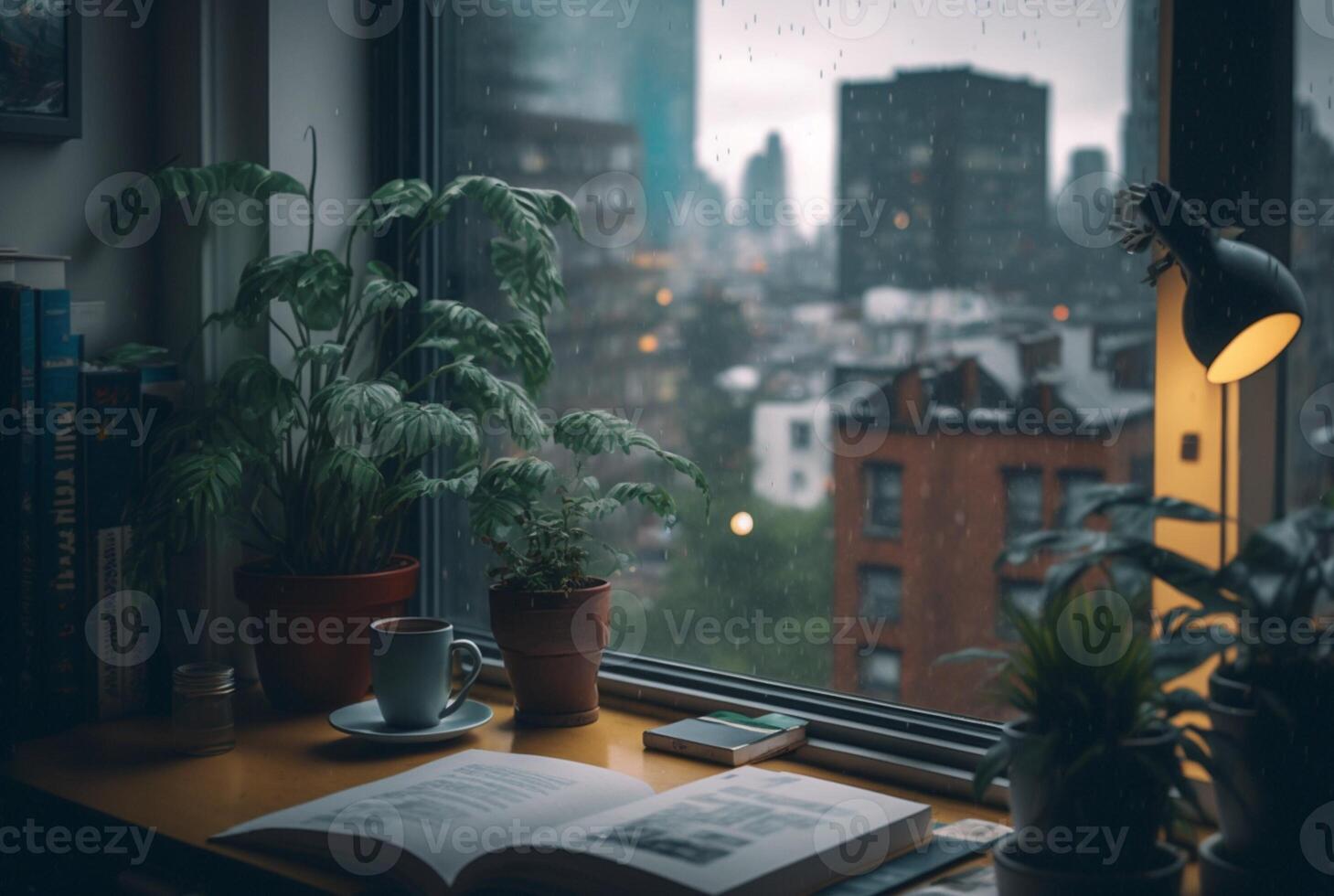 uma mesa com uma livro e uma plantar em isto dentro frente do uma janela com uma Visão do a cidade lado de fora a chuvoso janela. generativo ai foto